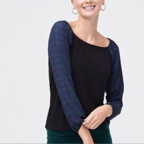 NWT J. Crew Square Neck Top with Black Watch Plaid Sleeves Size Small - Picture 1 of 7